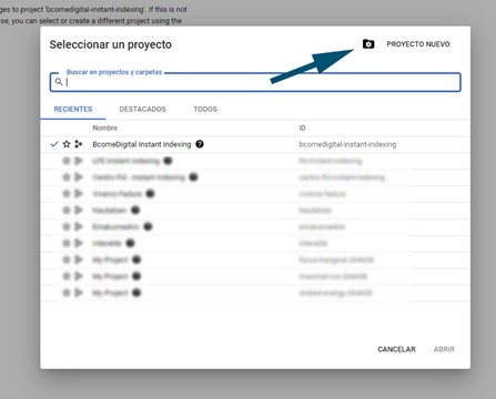 selecciona nuevo proyecto en Instant Indexing API